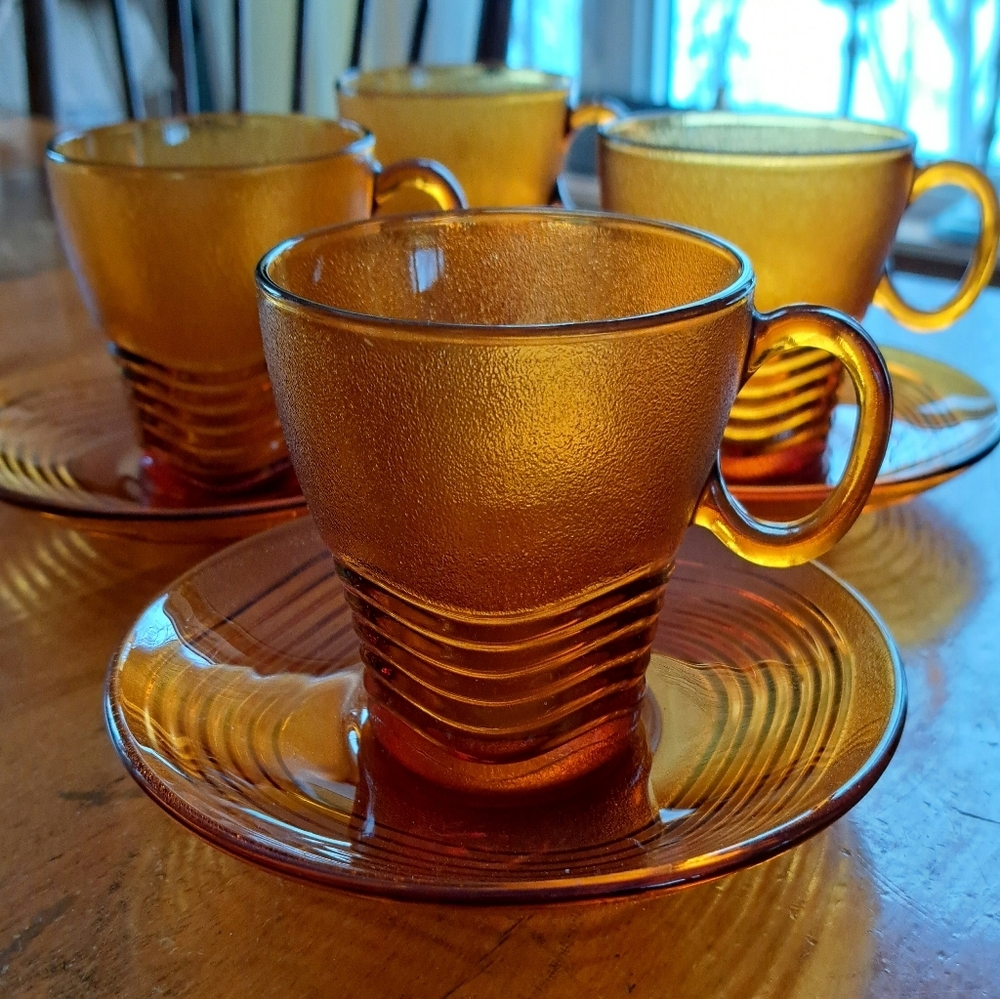 VINTAGE DURALEX FRANCE cup and saucer Amber glass
